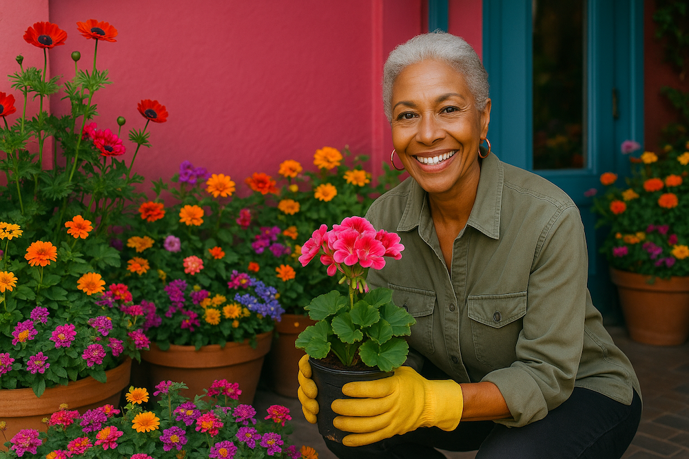 Fran holding a vibrant summer dahlia bouquet in warm tones